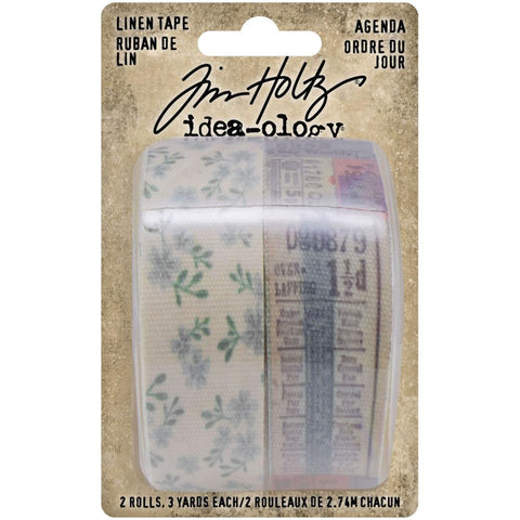 Linen Tape "Agenda" - IdeaOlogy by Tim Holtz - adhesive backed rolls of 25mm wide fabric - beautiful delicate blue flowers with timetables and tickets