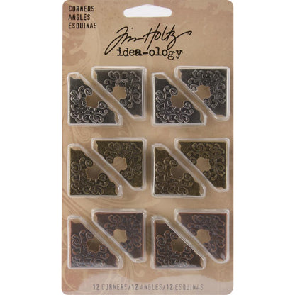 Corners ... by Tim Holtz Idea-Ology - Metal ornate adornments to decorate corners of book covers, canvas, boxes or photos. This package contains 12&nbsp;(twelve) pieces, 4 (four) of each colour.  Designed by Tim Holtz as part of his Idea-Ology range. Made by Advantus Corp. TH92789