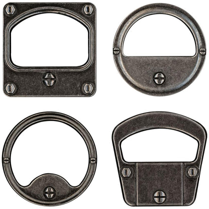 Gauge Frames - Tim Holtz Idea-Ology Embellishments for Arts and Crafts, Mixed Media, Junk Journaling - They are perfect to use on their own or why not match with the large variety of stamp designs and Idea-Ology die cut pieces by Tim Holtz (each sold separately). Sizes (approx) : each is 2" x 2" in size. Pack of 4 (four) metal embellishments, 1 of each design. Designed by Tim Holtz and Advantus Corp. TH94141. Photographic example.