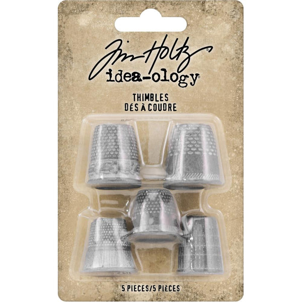 Thimbles ... Idea-Ology by Tim Holtz - Metal thimbles to be used as adornments in mixed media, assemblage, arts and crafts. 5 (five) thimbles, one of each size and design.  TH93791