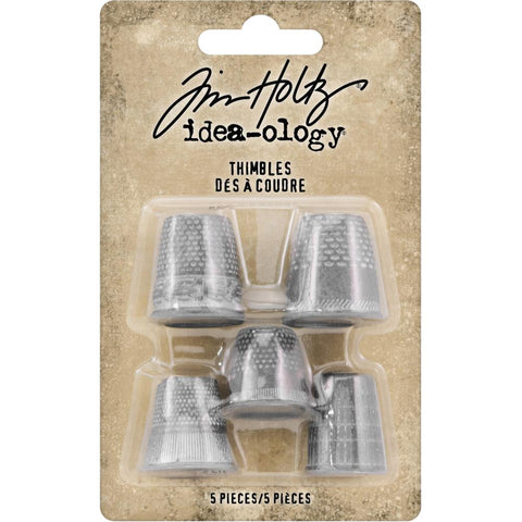 Thimbles ... Idea-Ology by Tim Holtz - Metal thimbles to be used as adornments in mixed media, assemblage, arts and crafts. 5 (five) lifesize thimbles, one of each size and design.  TH93791