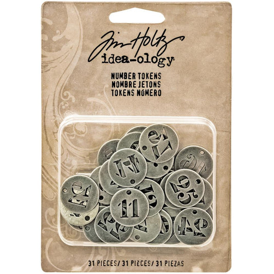 Number Tokens, Metal Adornments ... by Tim Holtz Idea-Ology - Perfect for mixed media, tags, assemblage projects, card making, journaling, scrapbooking, visual arts. 31 (thirty one) open cut charms (18mm wide), 1 (one) of each number. TH93244