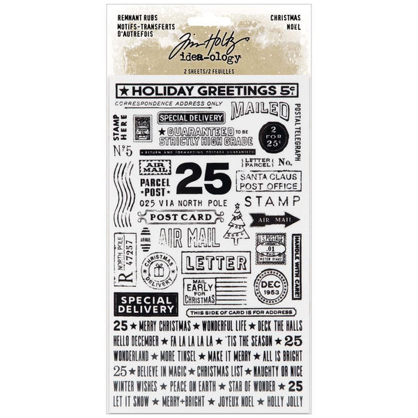 Christmas Noel, Remnant Rub Rub-Ons Transfers ... by Tim Holtz Idea-Ology - 2 (two) sheets of ready to use stickers with seasonal greetings, icons, postage marks and more.   Tim Holtz Remnant Rubs 'Christmas Noel' transfer sheets are a large gathering of imagery that are easy to rub onto your next craft make. The Remnant Rubs include two sheets the same, of post marks, stars, labels, Christmas messages, and much more. TH94296