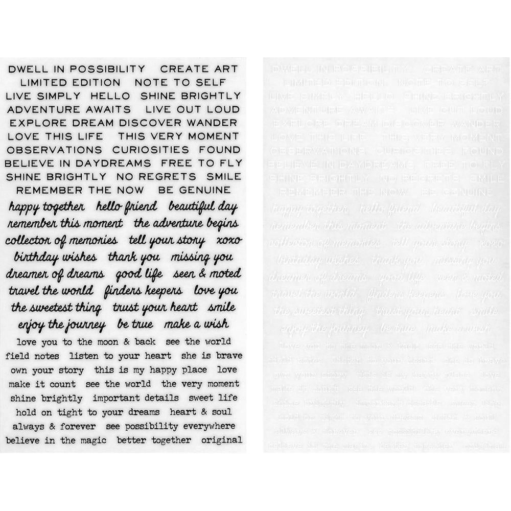 photo of the Tiny Text Remnant Rubs Rub-on Transfers - Tim Holtz Idea-Ology ... Short Phrases and words to use in papercrafts and mixed media. Designs are on clear backing sheets with black and white printing (one sheet of each, total of 2 sheets). TH93695