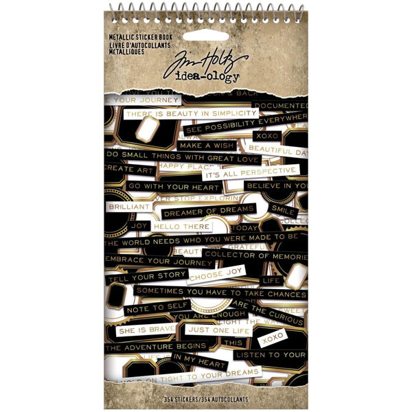 Metallic Sticker Book - Tim Holtz Idea-Ology - This booklet of thoughtful, kind and positive messages, with labels and banners in a variety of shapes, sizes and styles. There are 6 sheets in total, with 3 sheets of golden type and borders on a black background, and 3 sheets of golden lettering and borders on a white background. Ideal for all themes and occasions. - TH94134