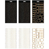 overview of the Metallic Sticker Book - Tim Holtz Idea-Ology stickers ... an assortment of adhesive backed labels and quotes with gold finish. 6 (six) sheets bound with wire spiral.