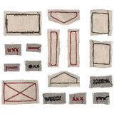 Stitched Scraps (Basics) - Idea-Ology by Tim Holtz ... remnants of fabric scraps in neutral colourings with contrasting stitched details, showing example of pieces