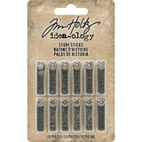 Story Sticks, Metal Adornments by Tim Holtz Idea-Ology  displaying words and numbers on short rectangular pendants