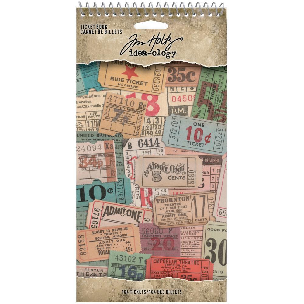 Ticket Book Idea-Ology by Tim Holtz - 104 vintage styled, perforated tickets of admit ones, 35c, show rides, bus, train, theatres,  on 10 (ten) die cut sheets, collected in a spiral bound booklet. Ticket sizes vary, die cut and ready to use, simple tear off at the perforation and attach to your make. Wire spiral bound booklet, 4.5" x 9".  Designed by Tim Holtz and Advantus Corp. TH94036.