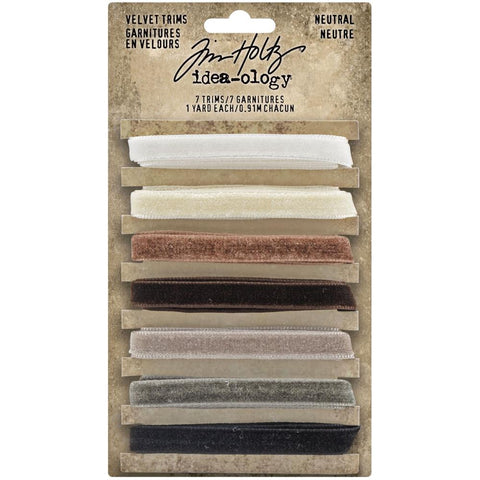 Velvet Trims - Neutral Colours (white, browns, greys, black) ... Tim Holtz Idea-Ology Trimmings. 7 (seven) colours, each approx 8mm wide, 1 yard (90cm) long.  Tim Holtz Velvet Trims are 90cm long lengths of soft and luxurious faux velvet trimmings in a beautiful range of colours the compliment the Tim Holtz Distress Ink Range. Each is approx 8mm wide and beautifully finished with thick plush velvet one side, smooth flat on the back with professionally finished edging.