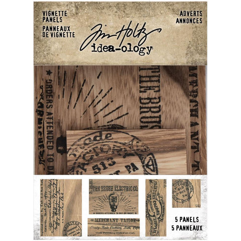 Vignette Wooden Panels, Adverts - by Tim Holtz Idea-Ology ... 5 (five) printed timber panels for creating mixed media visual arts projects (TH94124). These five Tim Holtz Vignette Advert Panels wooden pieces are wooden, stained and printed with salvaged sections of vintage advertising slogans, labels and documents. Sizes approx 102mm x 140mm, 45mm x 140mm, 50mm x 140mm, 88mm x 120mm, 70mm x 70mm (one of each size).