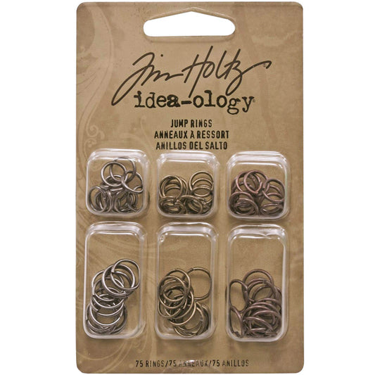 Jump Rings ... Idea-Ology by Tim Holtz - metal rings, circular fasteners with a split, used to attach things. 75 (seventy five) jump rings in 2 (two) sizes and 3 (three) antique colours. Jump rings are a flexible metal ring that can be opened and close by hand, often used for connecting objects.  These small and versatile split rings are fabulous for attaching anything to anything - including ribbons, tinsel, yarn, paper, buttons, trinkets and other findings together. Great for making jewellery,