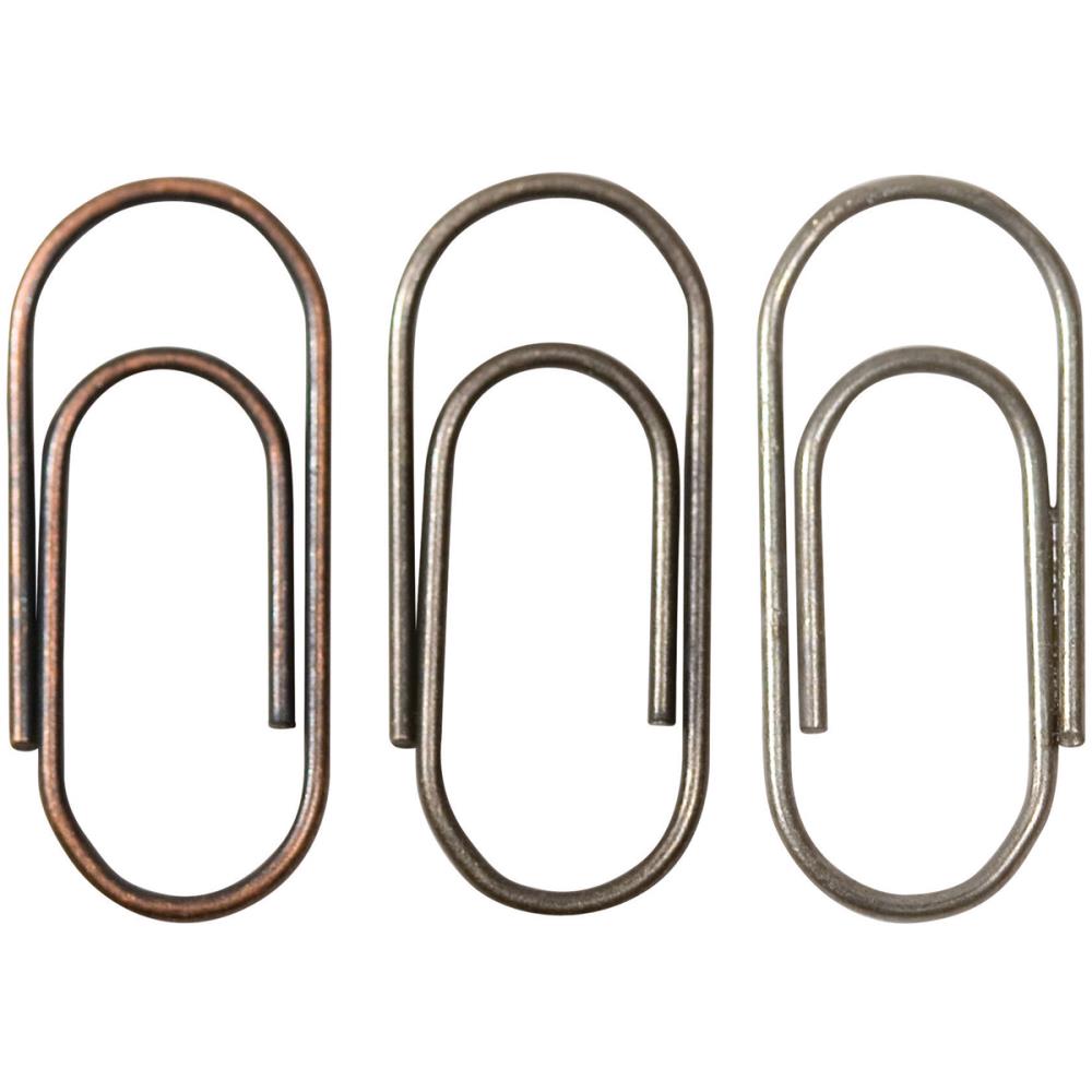 Idea-Ology Paper Clips ... by Tim Holtz - mini metal paperclips used to attach things to other things - papers, fabrics, cards, ephemera. 48 (forty eight) paperclips, 1.5cm (1/2") long, 3 antique colours (16 of each). TH92791.

Inspired by antique stationery fasteners, these small and versatile paper clips are perfect for attaching anything to anything - including ribbons, tinsel, yarn, paper, buttons, trinkets and other embellishments together. close up photograph showing the metal and three colours.