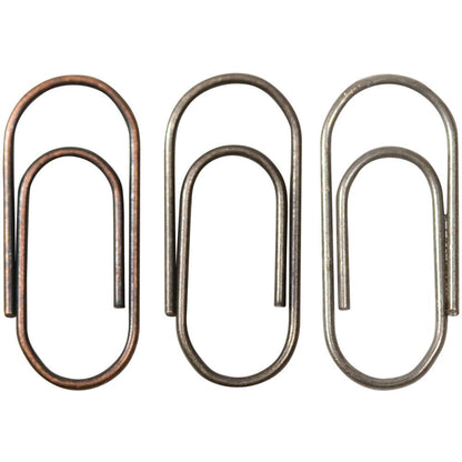 Idea-Ology Paper Clips ... by Tim Holtz - mini metal paperclips used to attach things to other things - papers, fabrics, cards, ephemera. 48 (forty eight) paperclips, 1.5cm (1/2") long, 3 antique colours (16 of each). TH92791.

Inspired by antique stationery fasteners, these small and versatile paper clips are perfect for attaching anything to anything - including ribbons, tinsel, yarn, paper, buttons, trinkets and other embellishments together. close up photograph showing the metal and three colours.