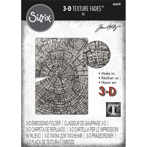 Tree Rings - 3D Texture Fades Embossing Folder ... by Tim Holtz and Sizzix (no.666049).   This beautiful embossing folder design features the top view of an old tree stump showing the many rings and cracks, grown during its many years of being a tree. 
