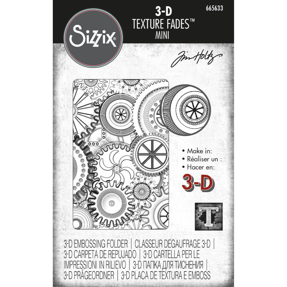 Mini Mechanics - 3D Texture Fades Embossing Folder ... by Tim Holtz and Sizzix (no.665633). Embossing Folder with layered cogs and wheels is (approx) 2 7/8" x 4 1/2"&nbsp; with the hinge at the short edge. Use to create multi-dimensional patterns in paper and cardstock for mixed media, papercrafts and visual arts. Mini Mechanic is a fabulous industrial steampunk pattern featuring cogs and wheels covering the whole surface of the embossing folder. 