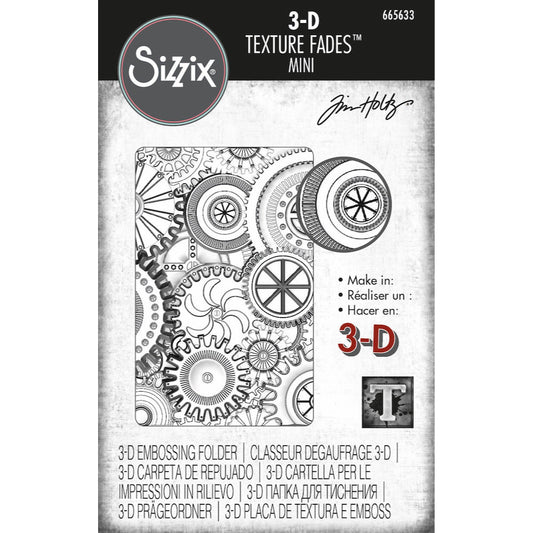 Mini Mechanics - 3D Texture Fades Embossing Folder ... by Tim Holtz and Sizzix (no.665633). Embossing Folder with layered cogs and wheels is (approx) 2 7/8" x 4 1/2"&nbsp; with the hinge at the short edge. Use to create multi-dimensional patterns in paper and cardstock for mixed media, papercrafts and visual arts. Mini Mechanic is a fabulous industrial steampunk pattern featuring cogs and wheels covering the whole surface of the embossing folder. 