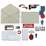 Postale - Sizzix Thinlits die cutting templates by Tim Holtz. 49 (forty nine) assorted labels, tags, tickets, numerals and an envelope (no.665927). 