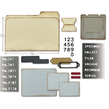Specimen - Sizzix Thinlits die cutting templates by Tim Holtz. 54 (fifty four) assorted labels, tags, tickets, numerals, slide frame and a file folder (no.665930). 