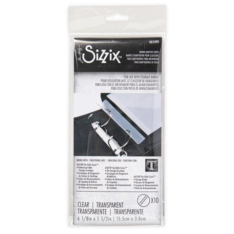 Binder Adapter Strips - by Tim Holtz and Sizzix. Adhesive backed predrilled and prefolded plastic strips for attaching to Sizzix storage envelopes. Pack contains 10 (ten) strips.