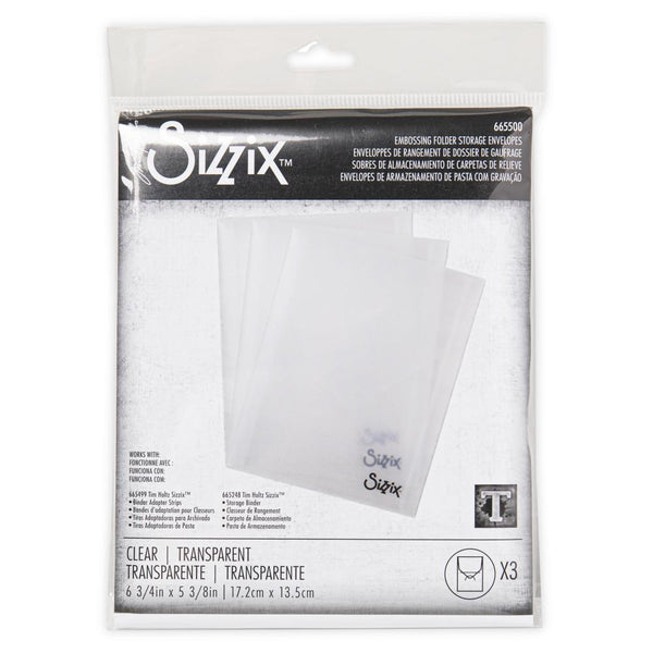 Storage Envelopes, Portrait - Fits Embossing Folders ... by Tim Holtz and Sizzix. Plastic clear pockets with flap enclosure. Pack of 3 (three) empty envelopes (Sizzix no.66550). Each is 5 1/4" x 6 3/4" high.  Tim Holtz's Sizzix semi-translucent plastic envelopes are ideal for storing die cutting templates and embossing folders, to feel organised in a stylish and practical way. 