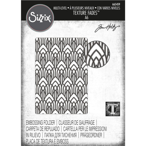 Arched - 3D Texture Fades Embossing Folder ... by Tim Holtz and Sizzix (no.665459).   This amazing design features Art Deco style pattern of steeples or arches covering the whole surface of the embossing folder. Use to create wonderful patterns in the background of your Christmas and Halloween makes. Arches go well with gothic themed cards too! 