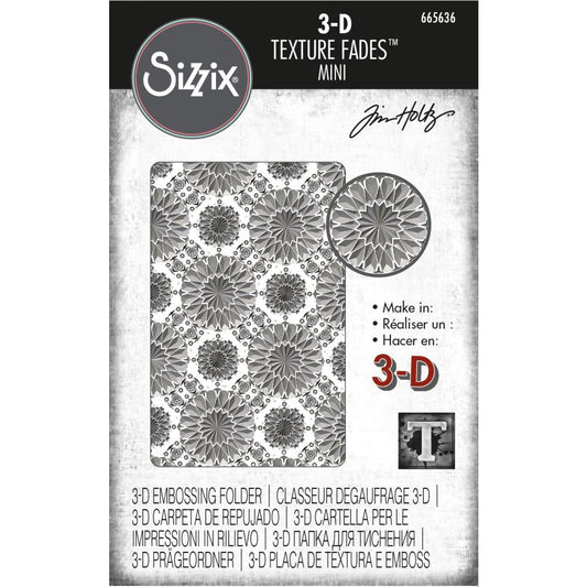 Mini Kaleidoscope - 3D Texture Fades Embossing Folder by Tim Holtz and Sizzix (no.665636). Embossing Folder is (approx) 2 7/8" x 4 1/2" with the hinge at the top, short edge. Use to create multi-dimensional patterns in paper and cardstock for mixed media, papercrafts and visual arts. Mini Kaleidoscope is a beautiful intricate repeating rosette pattern covering the whole surface of the embossing folder. 