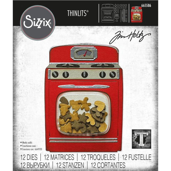 Tim Holtz and Sizzix Thinlits Die Cutting Set for a Retro Oven, no.665586 complete with miniature gingerbread folk, hearts, stars and trees.