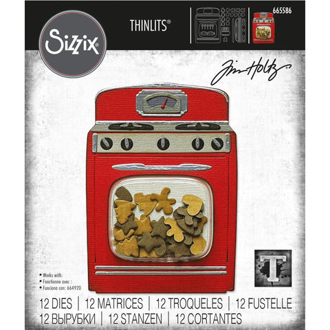Tim Holtz and Sizzix Thinlits Die Cutting Set for a Retro Oven, no.665586 complete with miniature gingerbread folk, hearts, stars and trees.