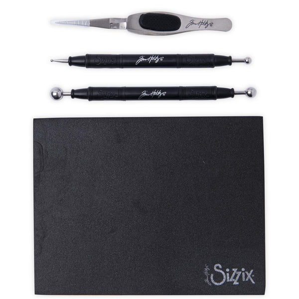 Shaping Kit - with 2 (two) Stylus (4 different sized ends), Strong Pointy Tweezers and Dense Foam Moulding Mat ... by Tim Holtz and Sizzix. 4 Tools.  Useful for quilling, making flowers and foliage, shaping scrolls and banners, adding lift to any flat paper element on your page. The double ended styluses are fantastic for adding spots and dot painting too :)