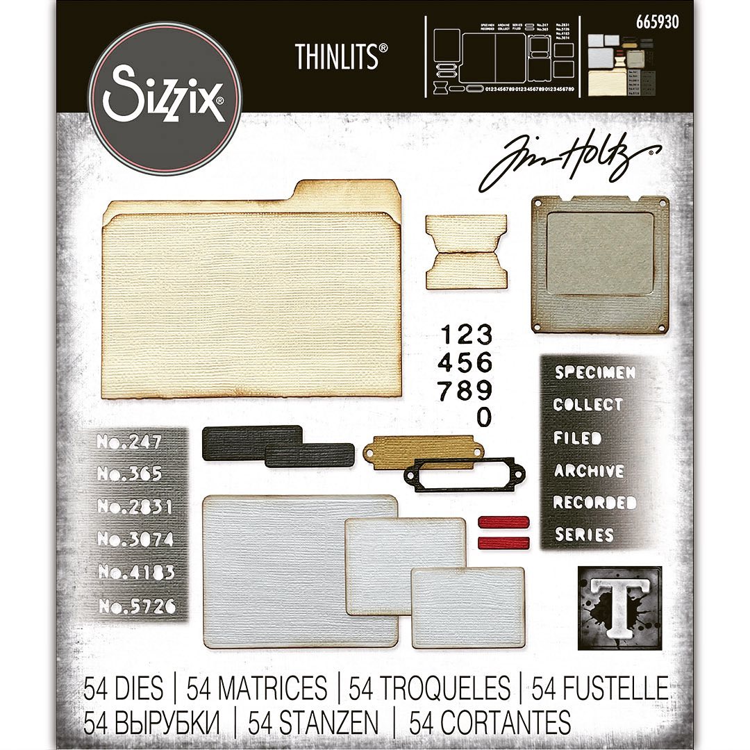 Specimen - Sizzix Thinlits die cutting templates by Tim Holtz. 54 (fifty four) assorted labels, tags, tickets, numerals, slide frame and a 4 1/2" x 6 1/8" file folio folder with tab and detailed corners (no.665930). This set of Thinlits and Framelits include designs that will enable you create a fantastic variety of envelopes, tags, labels, banners, tickets, stationery pieces, journal fodder, junk journal pages, scrapbooking elements and much more.  Image of the pack.