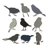 Silhouette Birds ... Thinlits - Die Cutting Templates by Tim Holtz and Sizzix (no. 665861). 9 (nine) designs. Create a whole flock of feathered friends with this set of 9 (nine) bird shapes posing in various directions, ready for anything. Silhouette Birds can be perched anywhere on your project to cut out as windows or for layers of mixed media and collage. Cut 9 at once or just a few. Create art your way and have fun! Sizes : birds stand at approx 1 1/2" tall
