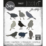 Silhouette Birds ... Thinlits - Die Cutting Templates by Tim Holtz and Sizzix (no. 665861). 9 (nine) designs.  Create a whole flock of feathered friends with this set of 9 (nine) bird shapes posing in various directions, ready for anything. Silhouette Birds can be perched anywhere on your project to cut out as windows or for layers of mixed media and collage. Cut 9 at once or just a few. Create art your way and have fun! Sizes : birds stand at approx 1 1/2" tall