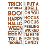 Bold Text Halloween ... Thinlits - Die Cutting Templates by Tim Holtz and Sizzix (no. 665995). 9 (nine) phrases in uppercase block lettering.