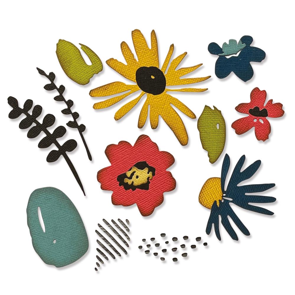 Floristry ... Thinlits - Die Cutting Templates by Tim Holtz and Sizzix (no. 665853) showing examples of flowers, mark making patterns and foliage.