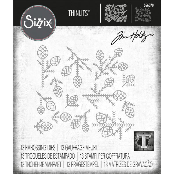 Pine Pattern - Sizzix Thinlits die cutting templates by Tim Holtz. A wonderful selection of modern pine tree foliage and pinecones, 13 pieces (no.666070).  