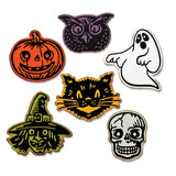 Retro Halloween ... Thinlits Die Cutting Templates by Tim Holtz and Sizzix (no. 666000). 6 (six) traditional character heads of owl, ghost, pumpkin with smiley face, chatty cat, grinning skull, happy witch.