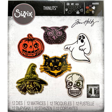 Retro Halloween  ... Thinlits Die Cutting Templates by Tim Holtz and Sizzix (no. 666000). 6 (six) traditional character heads of owl, ghost, pumpkin with smiley face, chatty cat, grinning skull, happy witch.