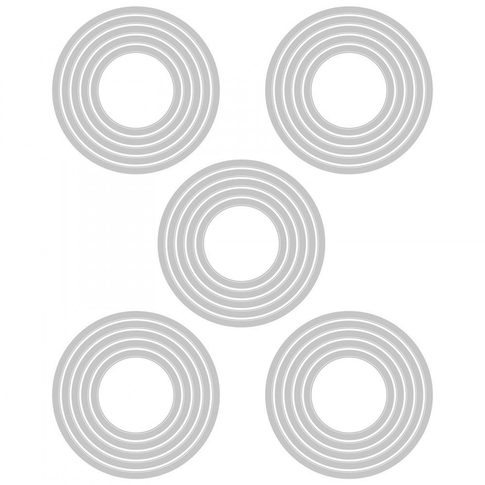 templates of Circles, Stacked Tiles ... Thinlits Die Cutting Templates by Tim Holtz and Sizzix. 5 sizes (2.22cm to 4.45cm), 5 of each size template, 25 dies in total (no. 664437). Stacked Circle Tiles are very versatile Thinlits Die Cutting Templates that can be used to cut out a single shape or up to 25 shapes at once. Stacked Circles cut out rings of different sizes and thicknesses, shapes for holes (frames, portholes, windows), a background of shapes or an abundance of pieces for collage. 