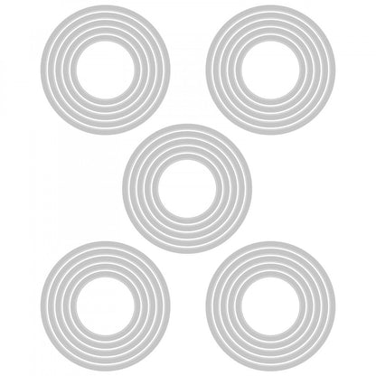 templates of Circles, Stacked Tiles ... Thinlits Die Cutting Templates by Tim Holtz and Sizzix. 5 sizes (2.22cm to 4.45cm), 5 of each size template, 25 dies in total (no. 664437). Stacked Circle Tiles are very versatile Thinlits Die Cutting Templates that can be used to cut out a single shape or up to 25 shapes at once. Stacked Circles cut out rings of different sizes and thicknesses, shapes for holes (frames, portholes, windows), a background of shapes or an abundance of pieces for collage. 