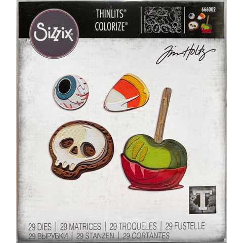 Trick or Treat  ... Thinlits - Colorize Die Cutting Templates by Tim Holtz and Sizzix (no. 666002). Toffee Apple, Eyeball, Candy Corn, Skull Cookie :) 