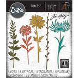 Wildflower Stems (no.1) ... Thinlits Die Cutting Templates by Tim Holtz and Sizzix (no.664163).  This set of Thinlits templates features 5 beautiful tall flowers, leaves and foliage up to 5 7/8" tall. Cut out multiples of each one to create 3D style flowers (so the petals are layered and dimensional).  This set contains 5 templates. Sizes : 1 1/4" x 4 1/8" tall to 1/2" x 5 7/8" tall.  Imagine adding many layers into your project that give the appearance that you've spent hours fussy cutting with scissors. 
