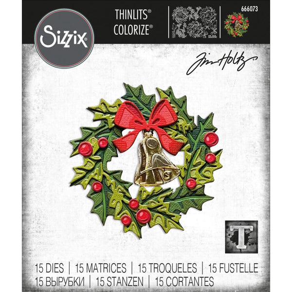 Yuletide  ... Thinlits - Colorize Die Cutting Templates by Tim Holtz and Sizzix (no. 666063). A wonderful wreath of holly leaves with berries, a bow and a bell.