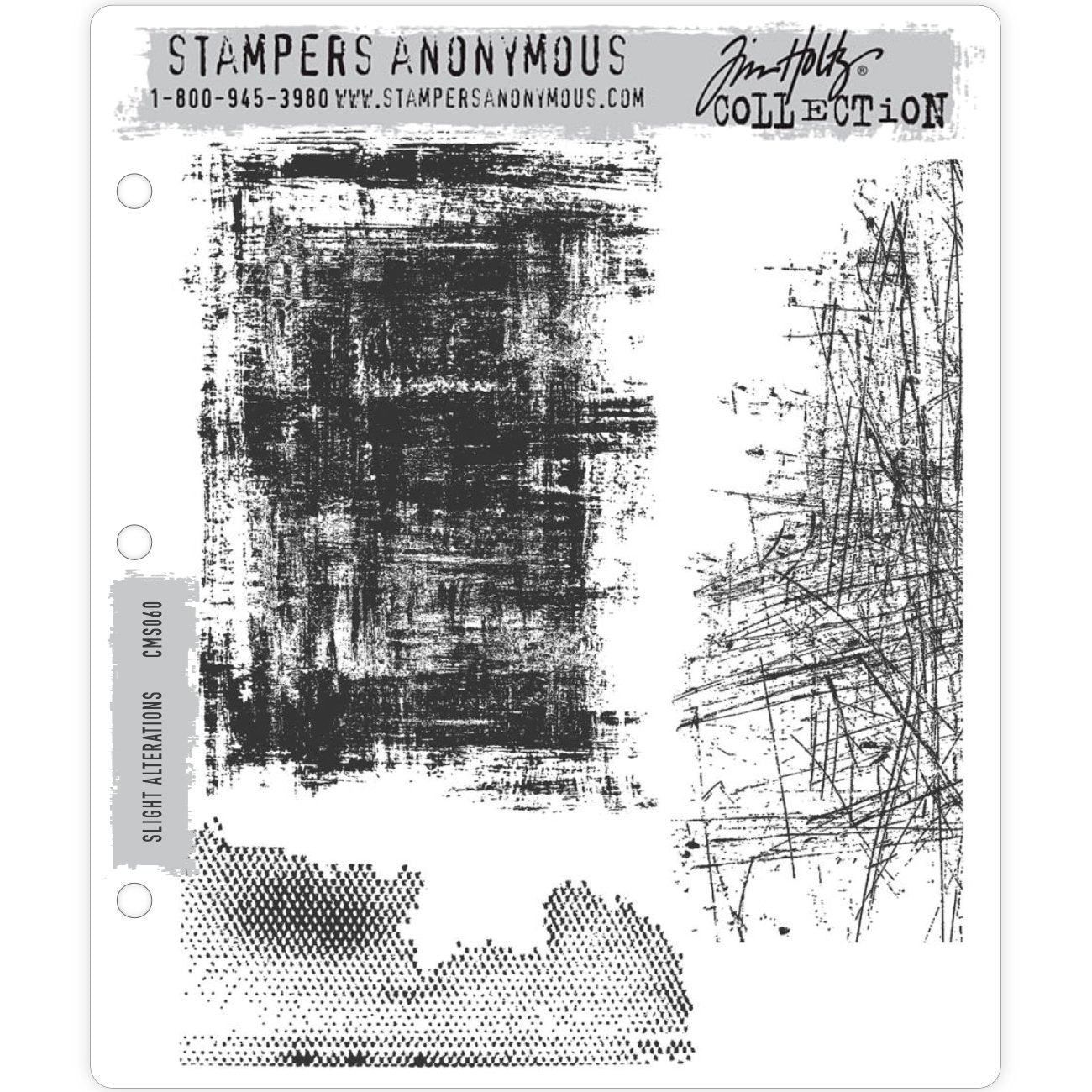 Slight Alterations ... Stamps - by Tim Holtz and Stampers Anonymous (CMS060). Set of 3 (three) cling foam mounted red rubber art stamps in grunged, distressed and scratchy designs.  Add amazing texture to your backgrounds with Tim's designs&nbsp;to give the look of vintage, well worn and interesting elements to your art. An old favourite! Ideal for layering, borders, edges and backgrounds. All 3 work well with almost any theme you choose to create :) 