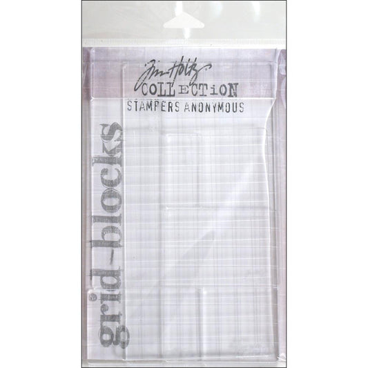 Acrylic Grid Blocks ... by Tim Holtz and Stampers Anonymous - set of 9 (nine) Clear Acrylic Blocks (3mm thick) marked with gridlines at .5 inch intervals. Use for stamping, measuring, using as guides in papercrafts and visual arts.   This set of thin, light and durable stamping blocks are made of 3mm thick acrylic with an etched grid pattern on one side to help with placement - use the lines to align stamps or keep lettering straight.