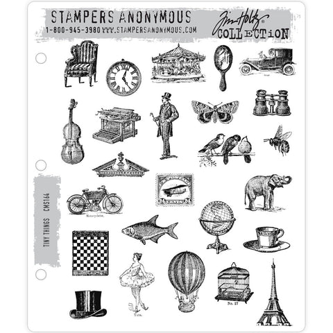 Tiny Things (set 1) ... Tim Holtz cling mounted red rubber stamps - 25 designs (CMS164).  What an amazing collection of things ... a tiny dancer, violin, chair, pocket watch, mirror, vintage car, antique motorbike, elephant (with its trunk up), trio of birds, world globe, the Eiffel Tower, cup of tea, bumblebee and more.