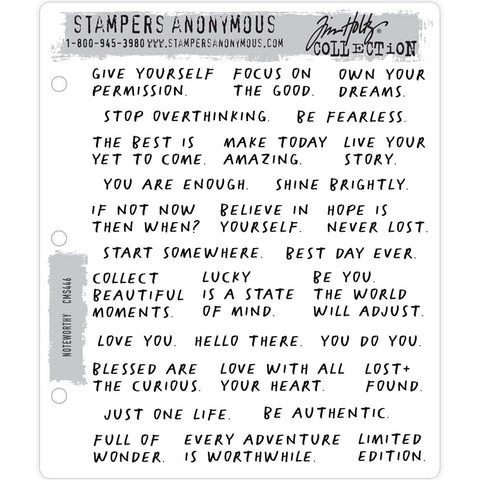 Noteworthy ... rubber stamp set by Tim Holtz - 29 (twenty nine) designs (CMS446).  Make today amazing with this wonderful collection of thoughtful positive phrases