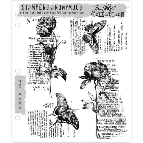 Botanic Collage ... rubber stamp set by Tim Holtz - 4 (four) designs (CMS447).  Enjoy creating art every day using this beautiful collection of flowers and butterflies layered over vintage newsprint.