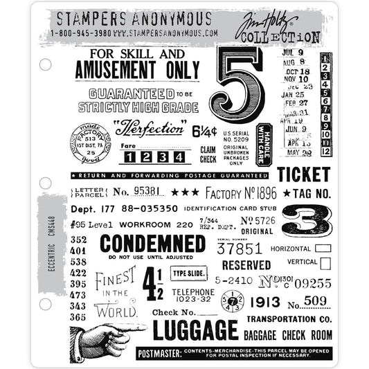 Eccentric ... rubber stamp set by Tim Holtz - 45 (forty five) designs (CMS448).  What an amazing collection of designs in this one set - a pointing hand, lots of labels, numbers, words, prices and so much more. 