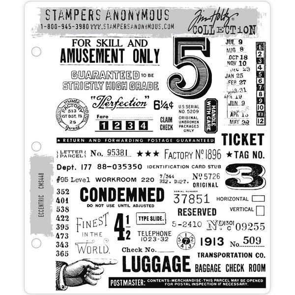 Eccentric ... rubber stamp set by Tim Holtz - 45 (forty five) designs (CMS448).  What an amazing collection of designs in this one set - a pointing hand, lots of labels, numbers, words, prices and so much more. 